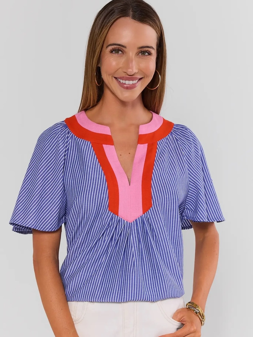 THML Navy Striped Split Neck Top Sz S